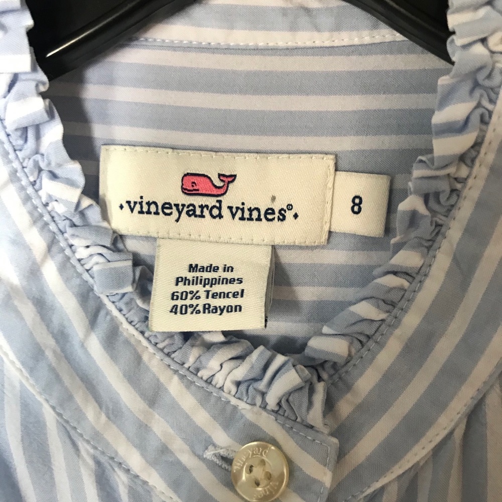 Vineyard Vines Lt Blue Striped Ruffle Blouse - Picture 2 of 6
